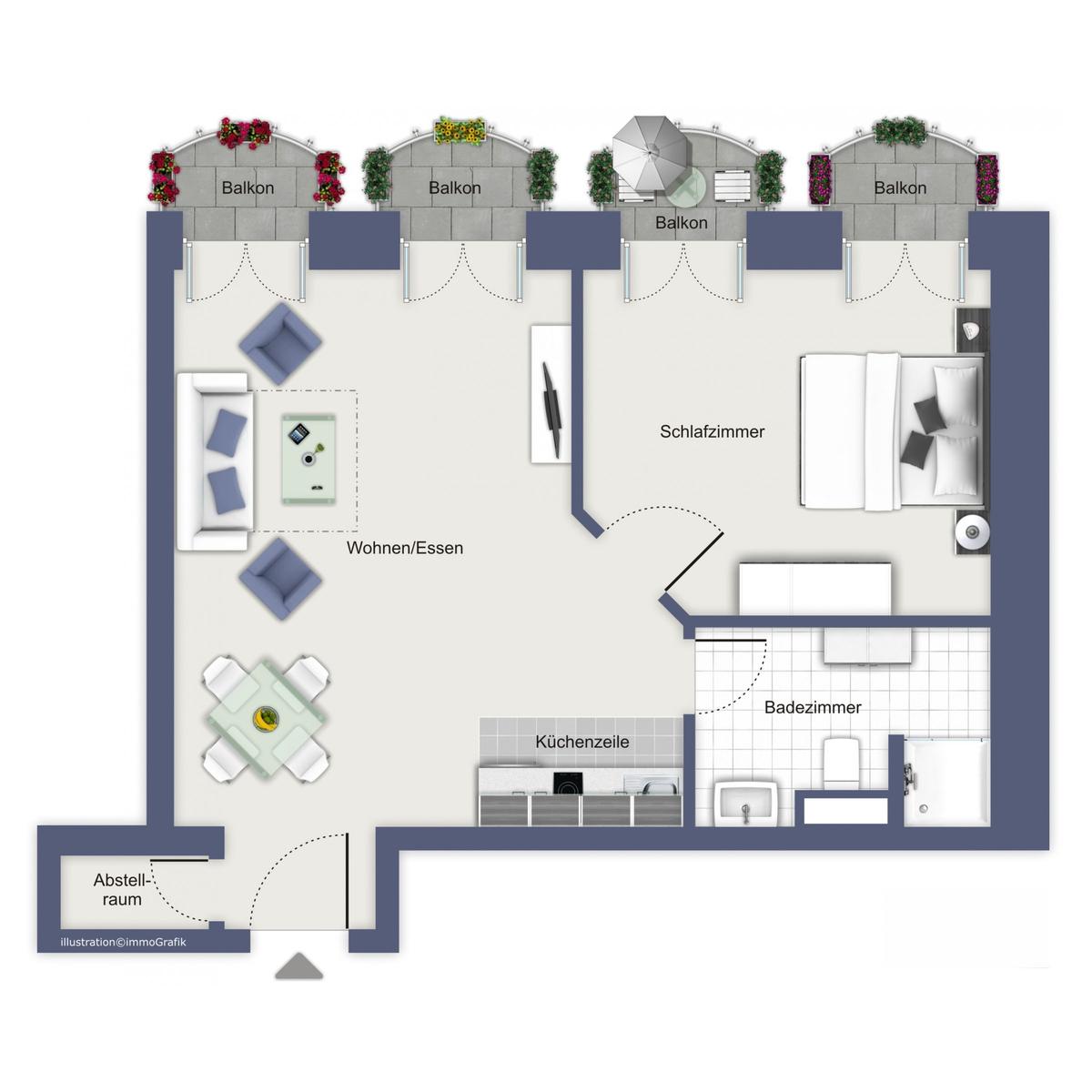 Wohnung mit Schlafzimmer, Küche, Bad und drei Balkonen. Wohnen/Essen mit Sitzgruppe und Esstisch.