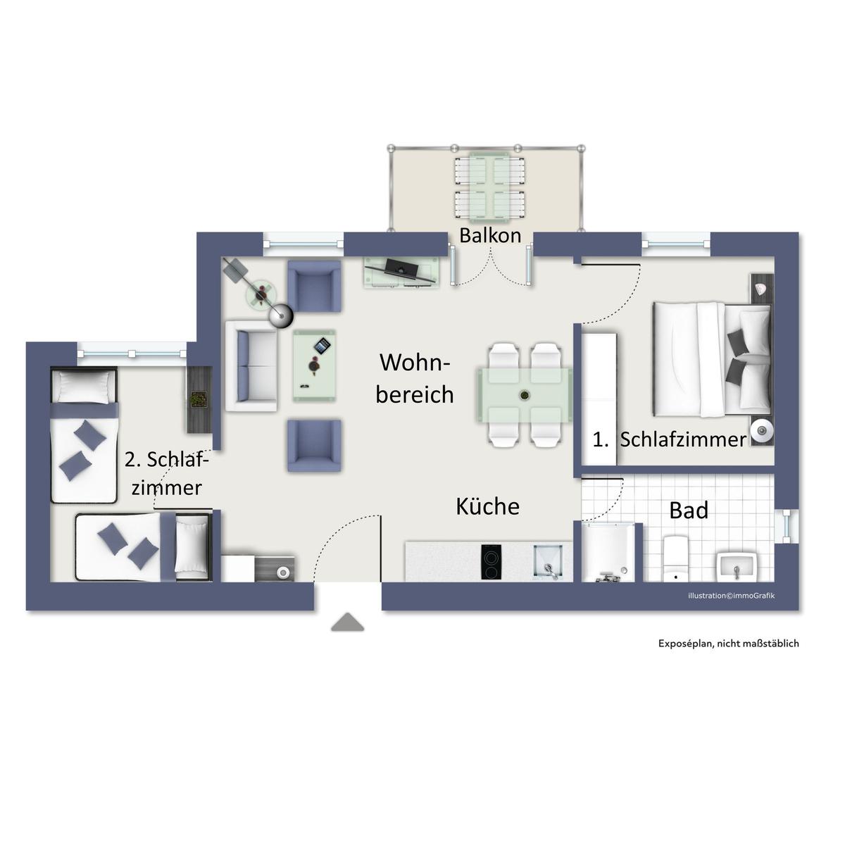 Wohnung mit zwei Schlafzimmern, Küche, Bad und Balkon. Wohnbereich mit Essbereich.