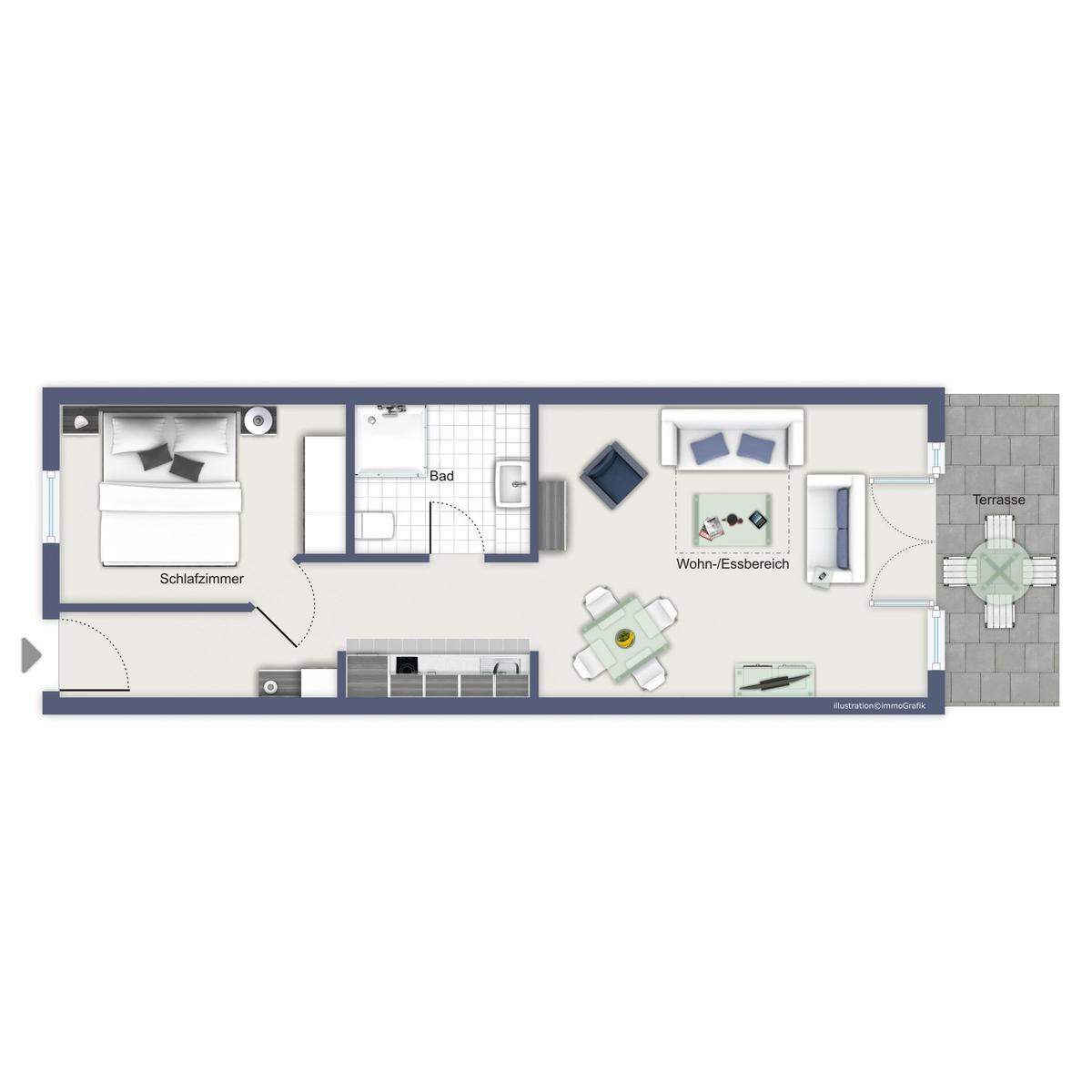 Wohnung mit Schlafzimmer, Bad, Wohn-Essbereich und Terrasse.