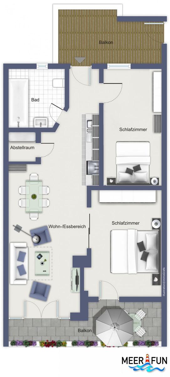 Wohnung mit zwei Schlafzimmern, Wohn-Essbereich, Bad und Balkon.