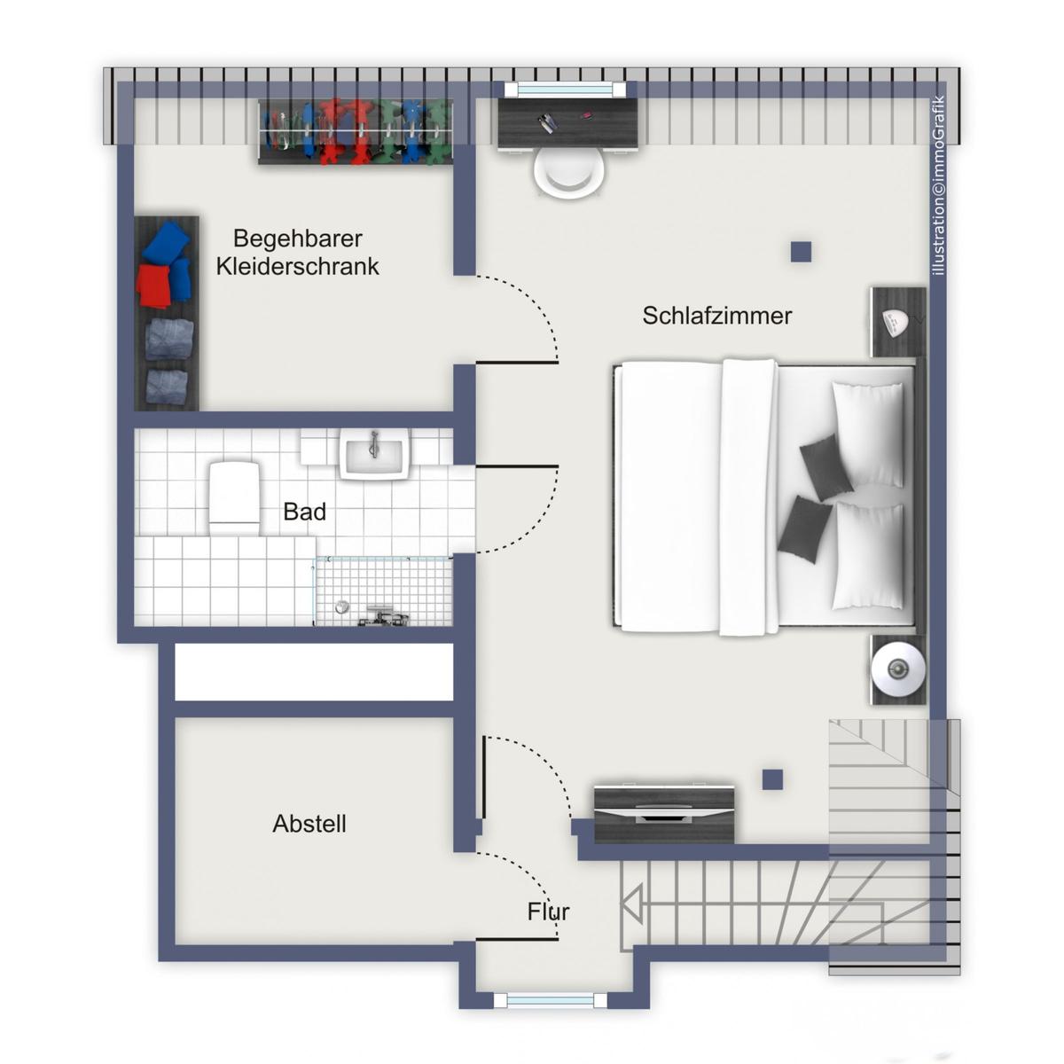 Schlafzimmer mit Bad, begehbarem Kleiderschrank und Flur