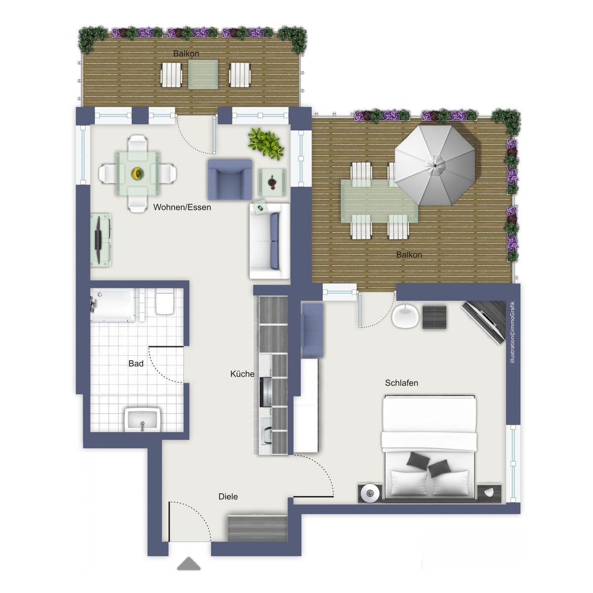 Wohnung mit Schlafzimmer, Küche, Bad und zwei Balkonen mit Sitzgelegenheiten.