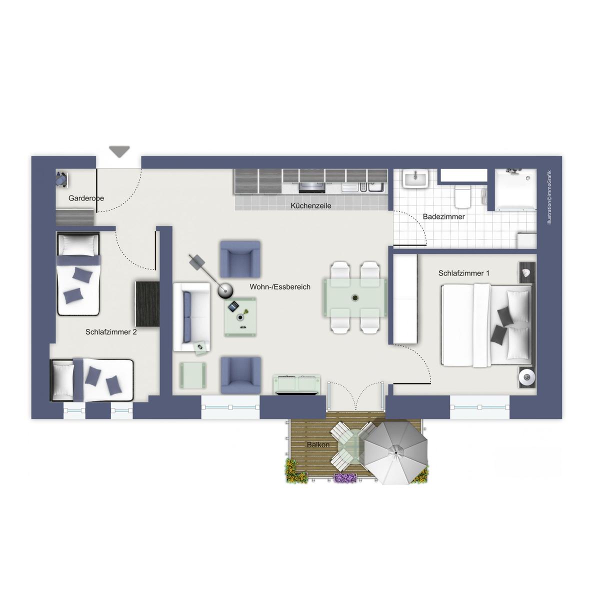 Zwei Schlafzimmer, Wohn-Essbereich, Küche, Bad und Balkon mit Sonnenschutz.