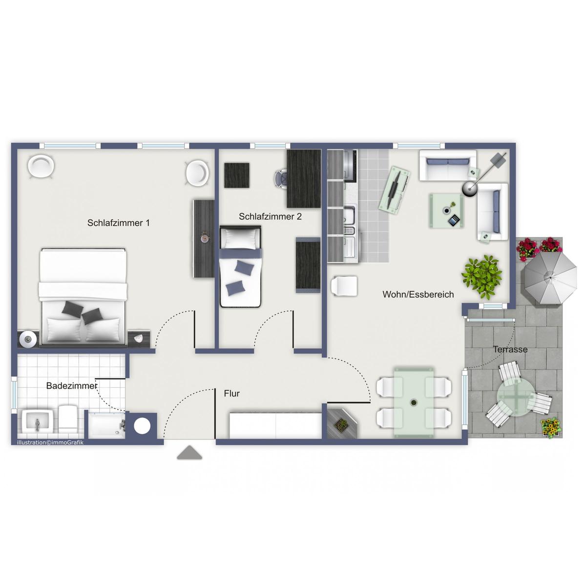Zwei Schlafzimmer, Wohnbereich, Küche und Terrasse mit Gartenmöbeln.