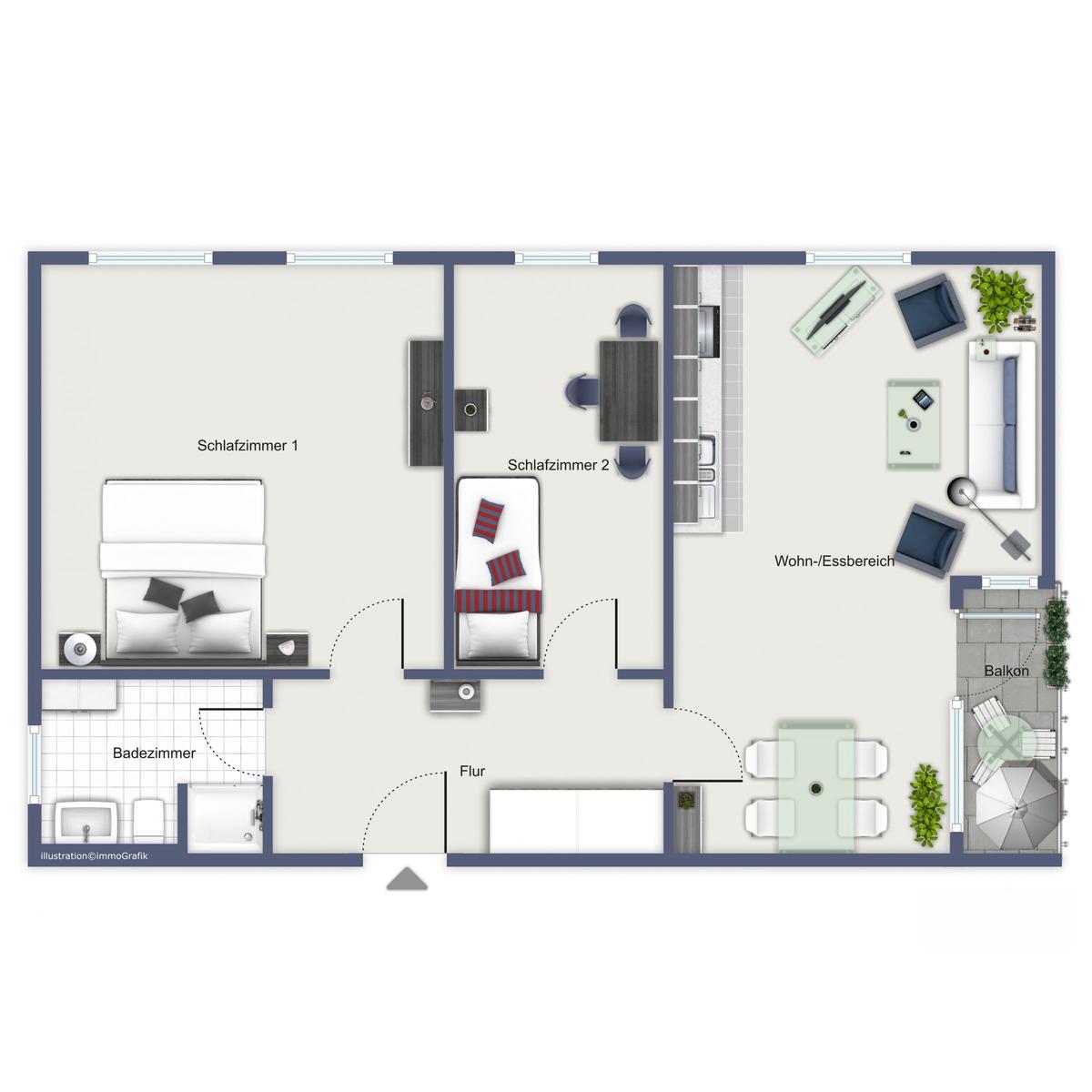 Zwei Schlafzimmer, Wohn-Essbereich, Badezimmer und Balkon mit Gartenmöbeln.