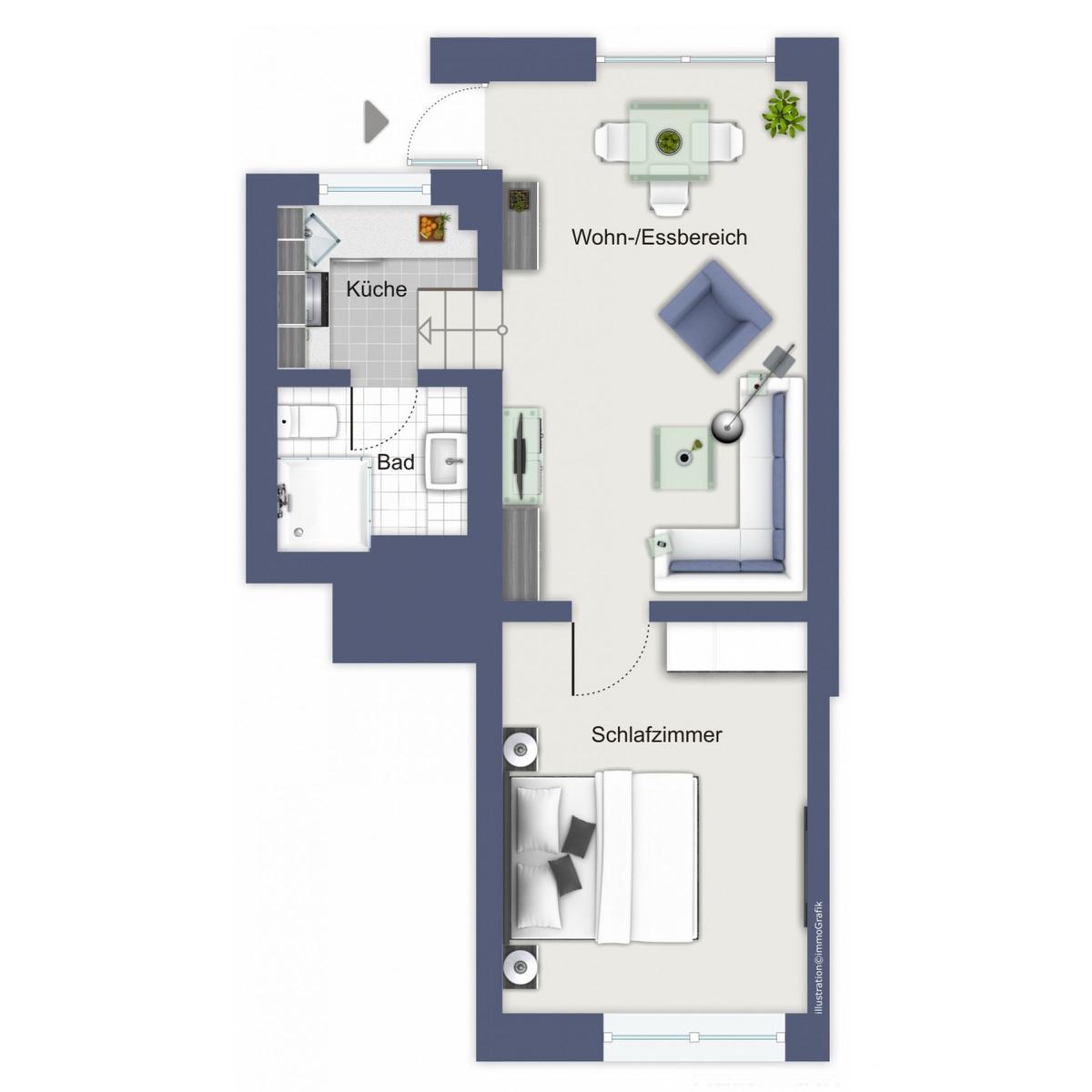 Wohnung mit Wohn-Essbereich, Küche, Bad und Schlafzimmer.
