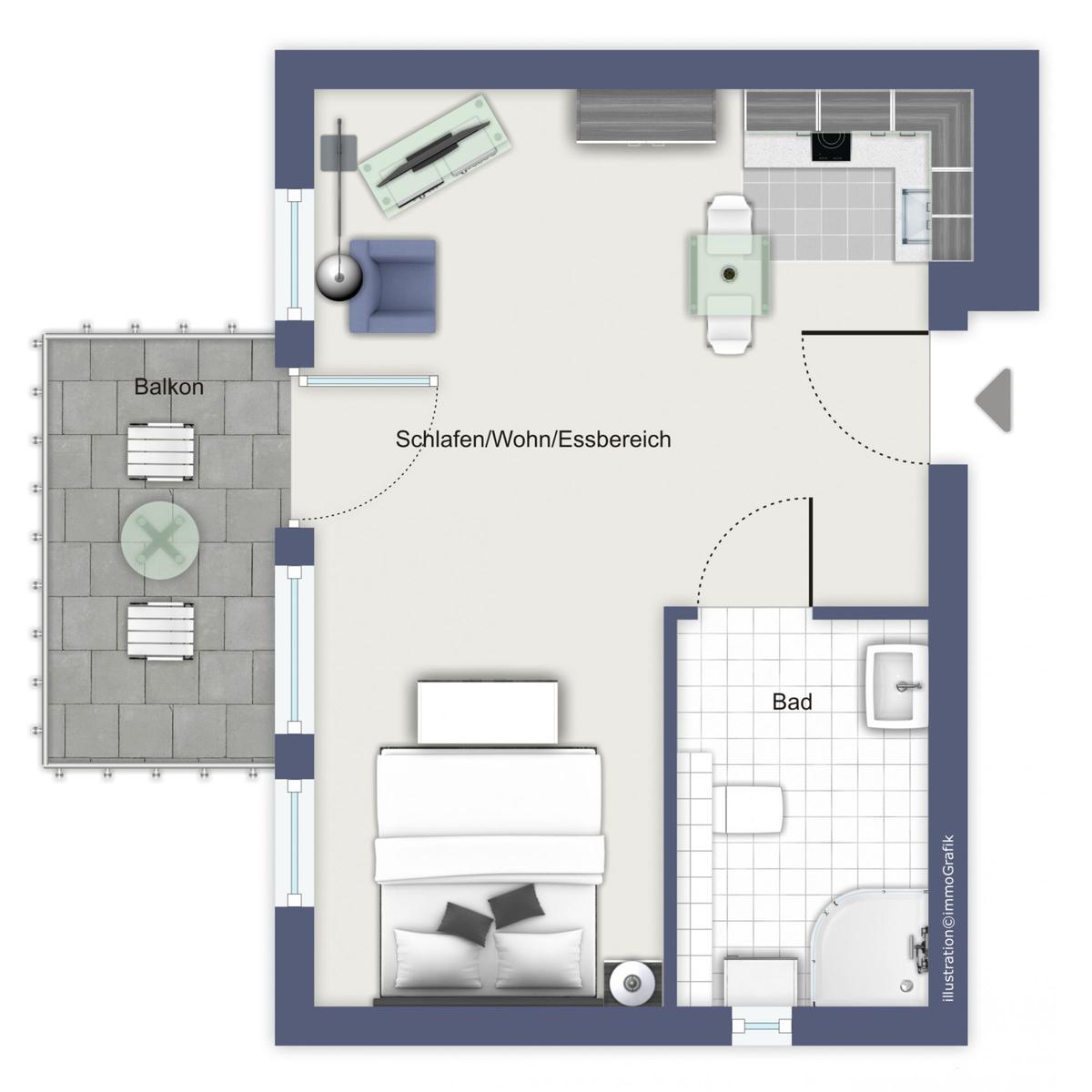 Ein Zimmer mit Schlaf-, Wohn- und Essbereich, Bad und Balkon.