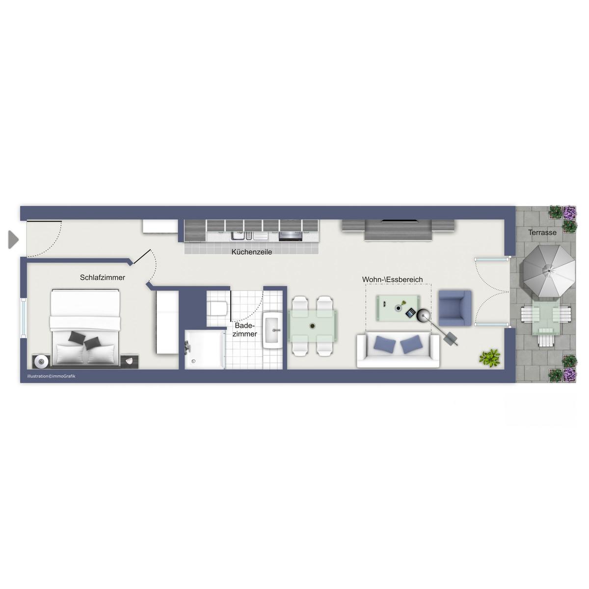 Schlafzimmer, Küche, Bad und Wohn-Essbereich mit Terrasse.