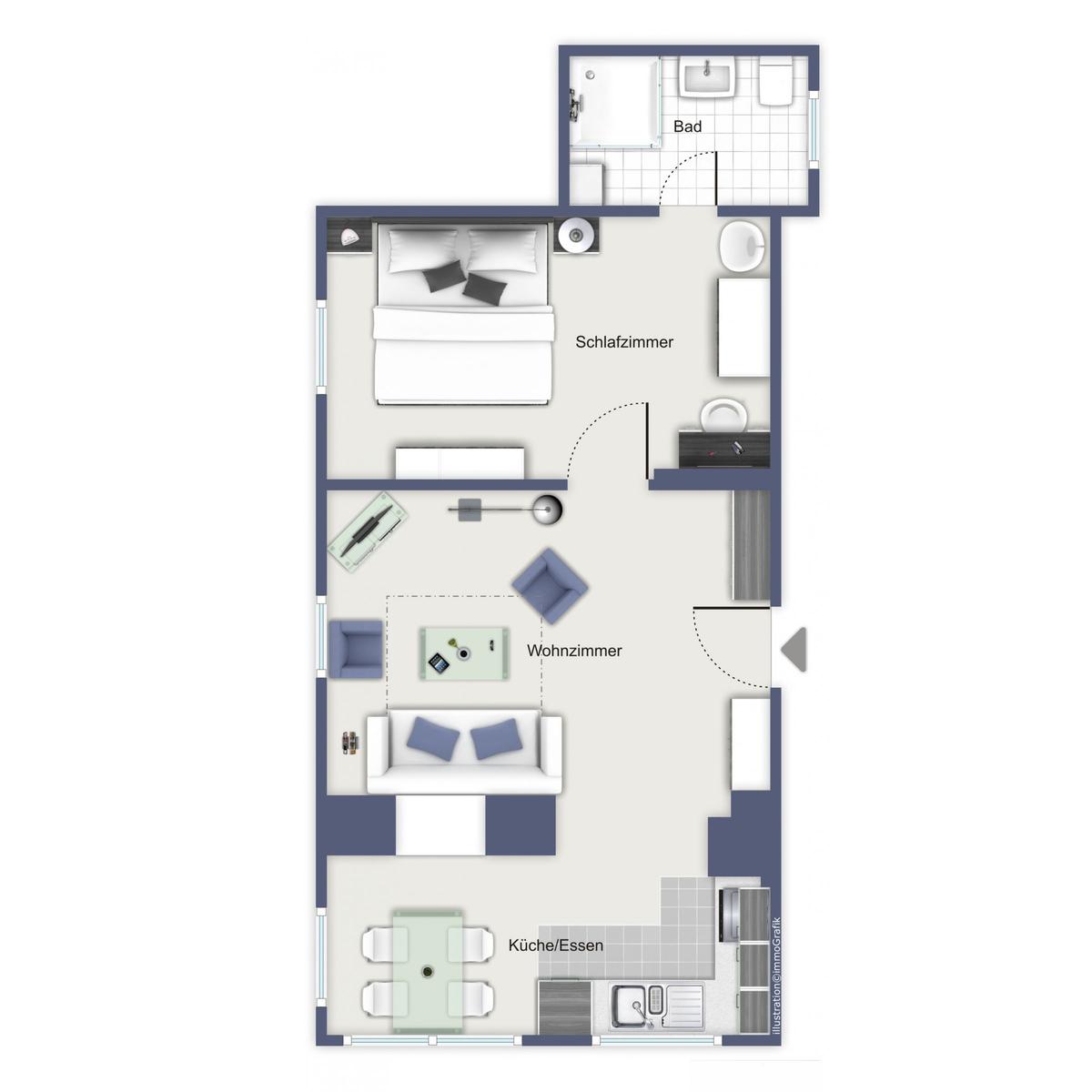 Das Apartment hat Schlafzimmer, Wohnzimmer, Küche und Bad mit moderner Einrichtung.