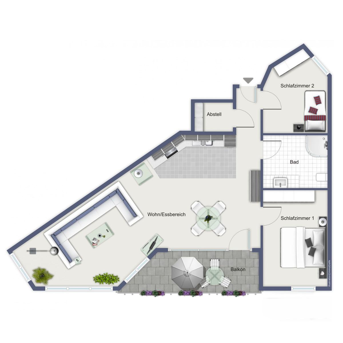 Wohnung mit zwei Schlafzimmern, Bad, Wohnbereich und Balkon mit Tisch und Sonnenschirm.