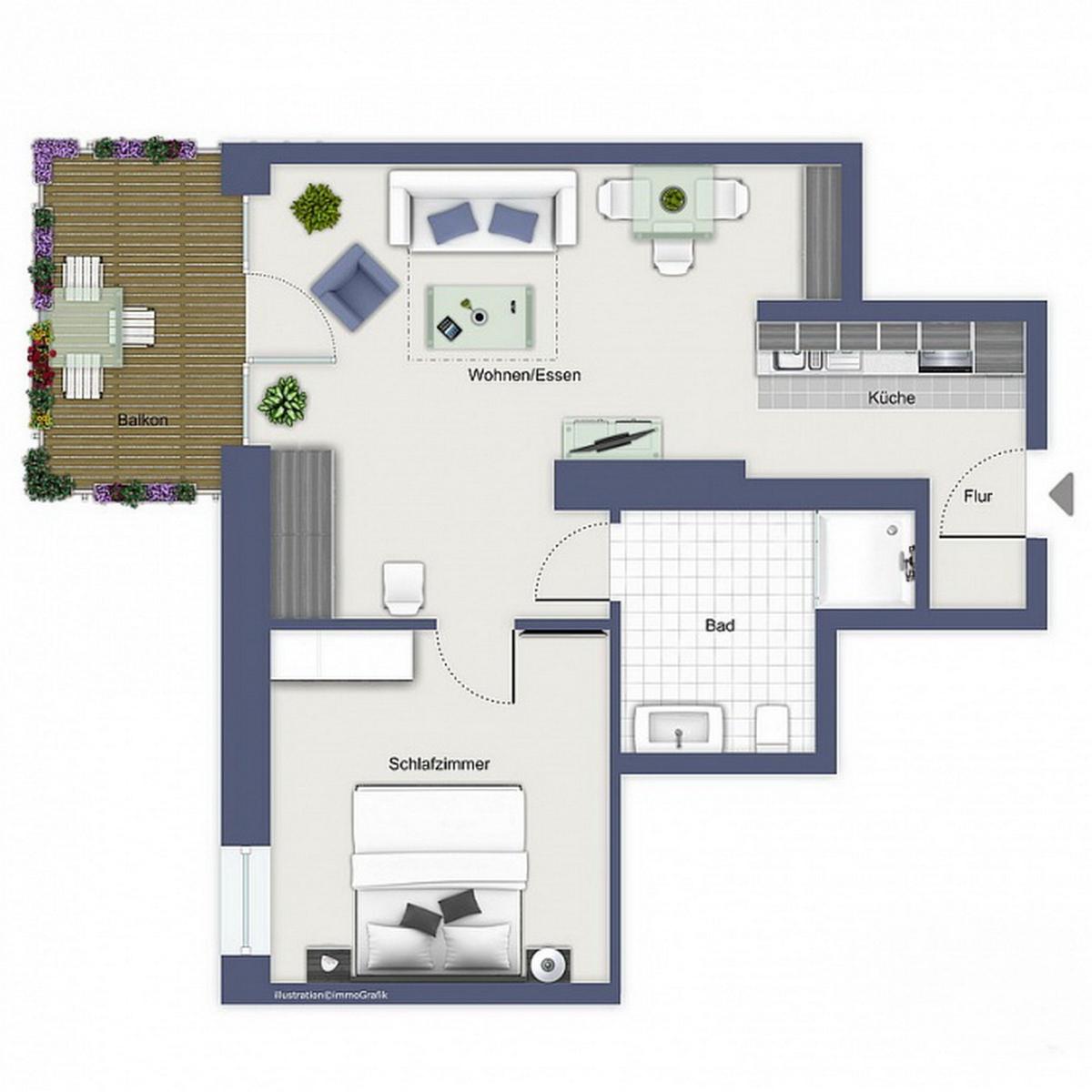 Wohnung mit Wohn-Essbereich, Küche, Schlafzimmer, Bad und Balkon.