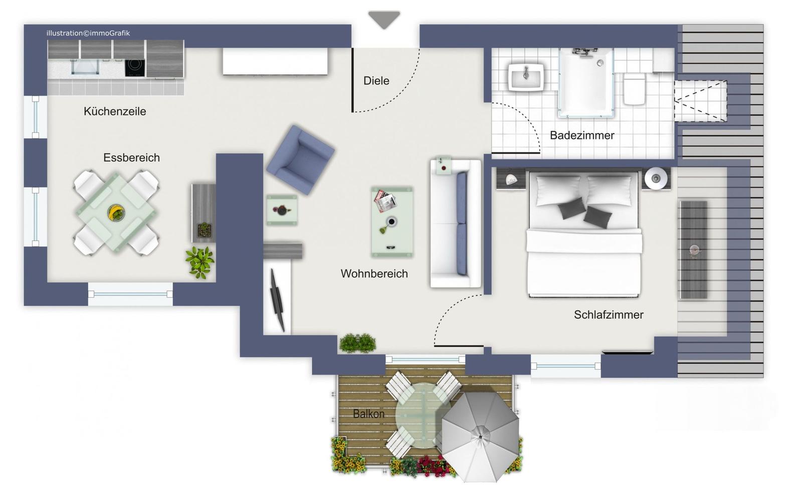 Wohnung mit Küche, Essbereich, Wohnzimmer, Schlafzimmer und Badezimmer. Balkon mit Tisch und Sonnenschirm.