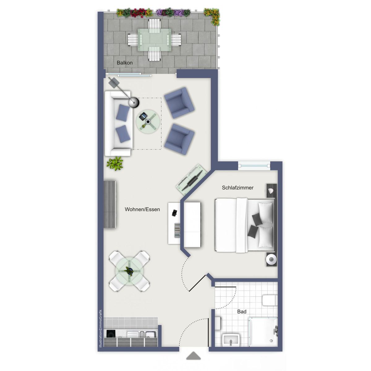 Wohnung mit Balkon, Schlafzimmer, Bad und offener Küche.