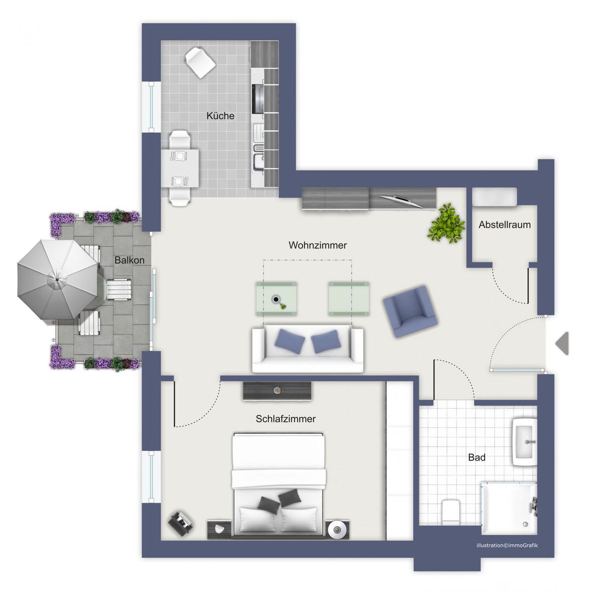 Wohnung mit Küche, Wohnzimmer, Schlafzimmer, Bad und Balkon mit Sitzgelegenheiten.