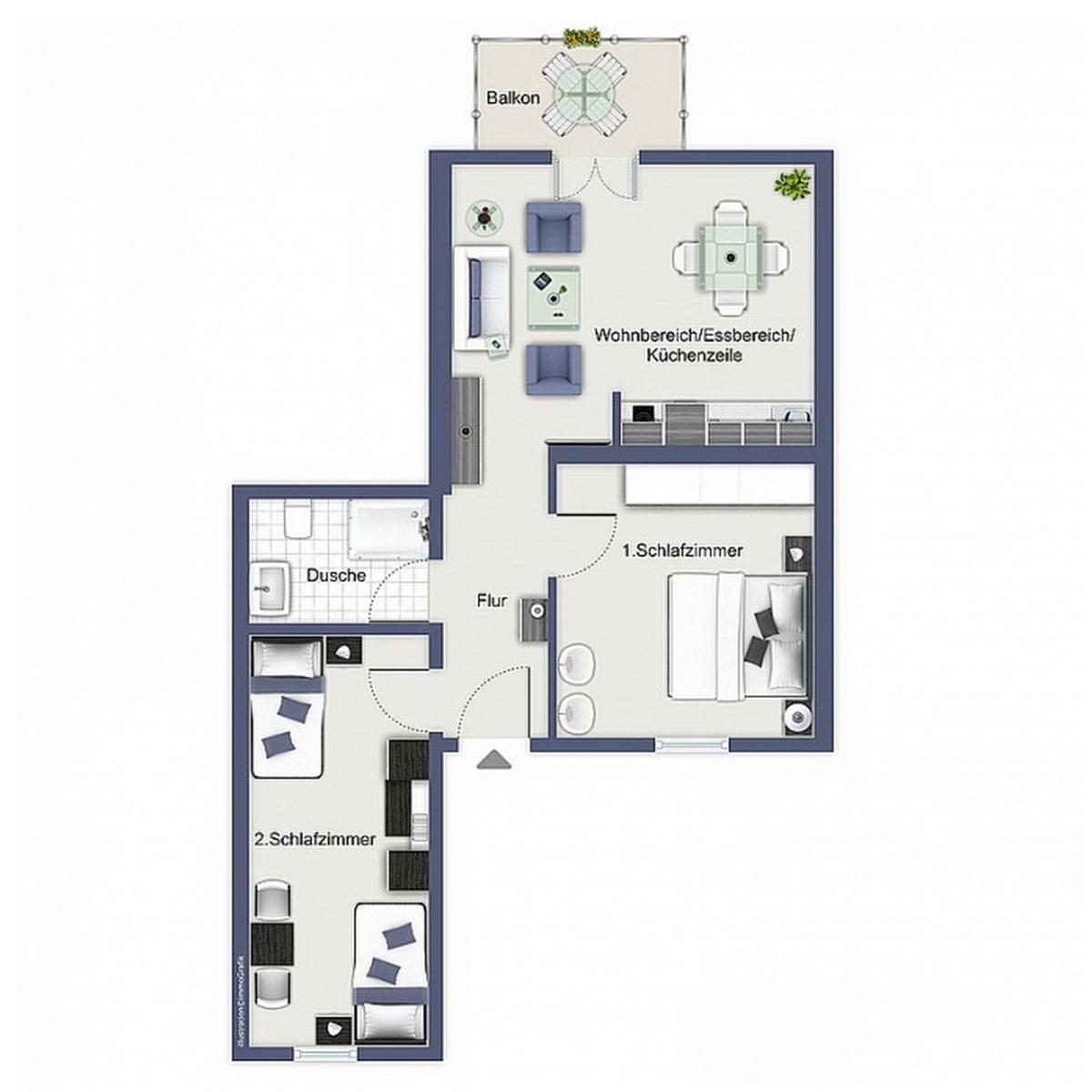 Wohnung mit zwei Schlafzimmern, Wohn- und Essbereich, Küche und Balkon.