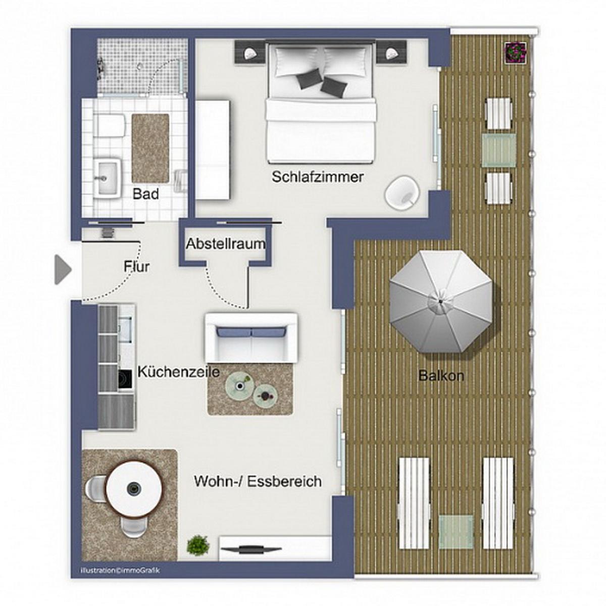 Schlafzimmer, Bad, Wohn- und Essbereich, Küche, Balkon mit Sonnenschirm