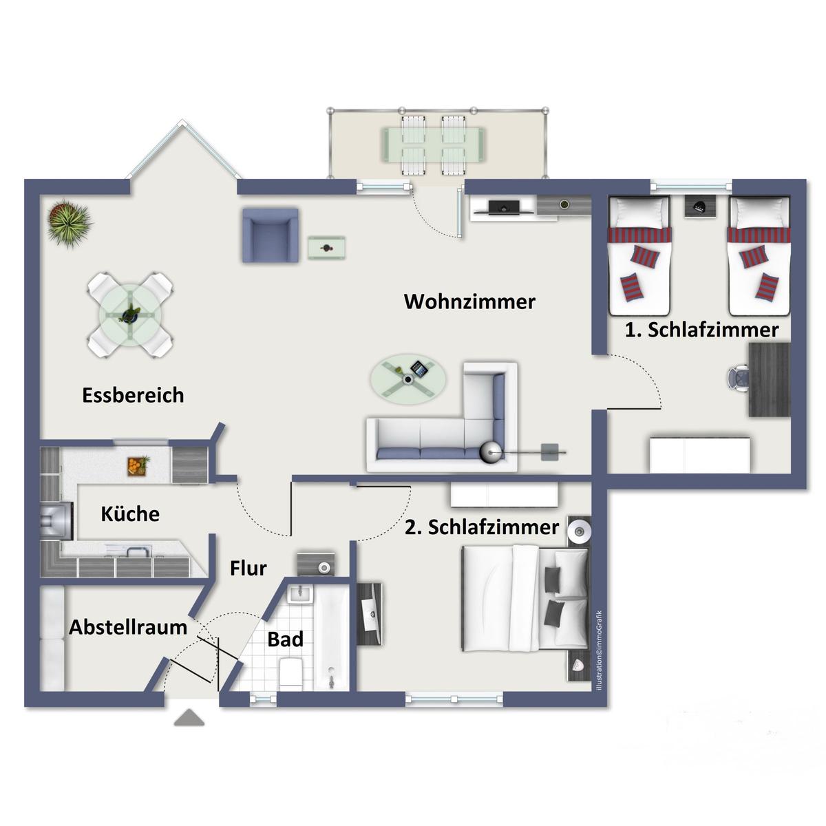 Wohnung mit Wohnzimmer, Küche, zwei Schlafzimmern und Bad. Dachterrasse mit Sitzgelegenheit.