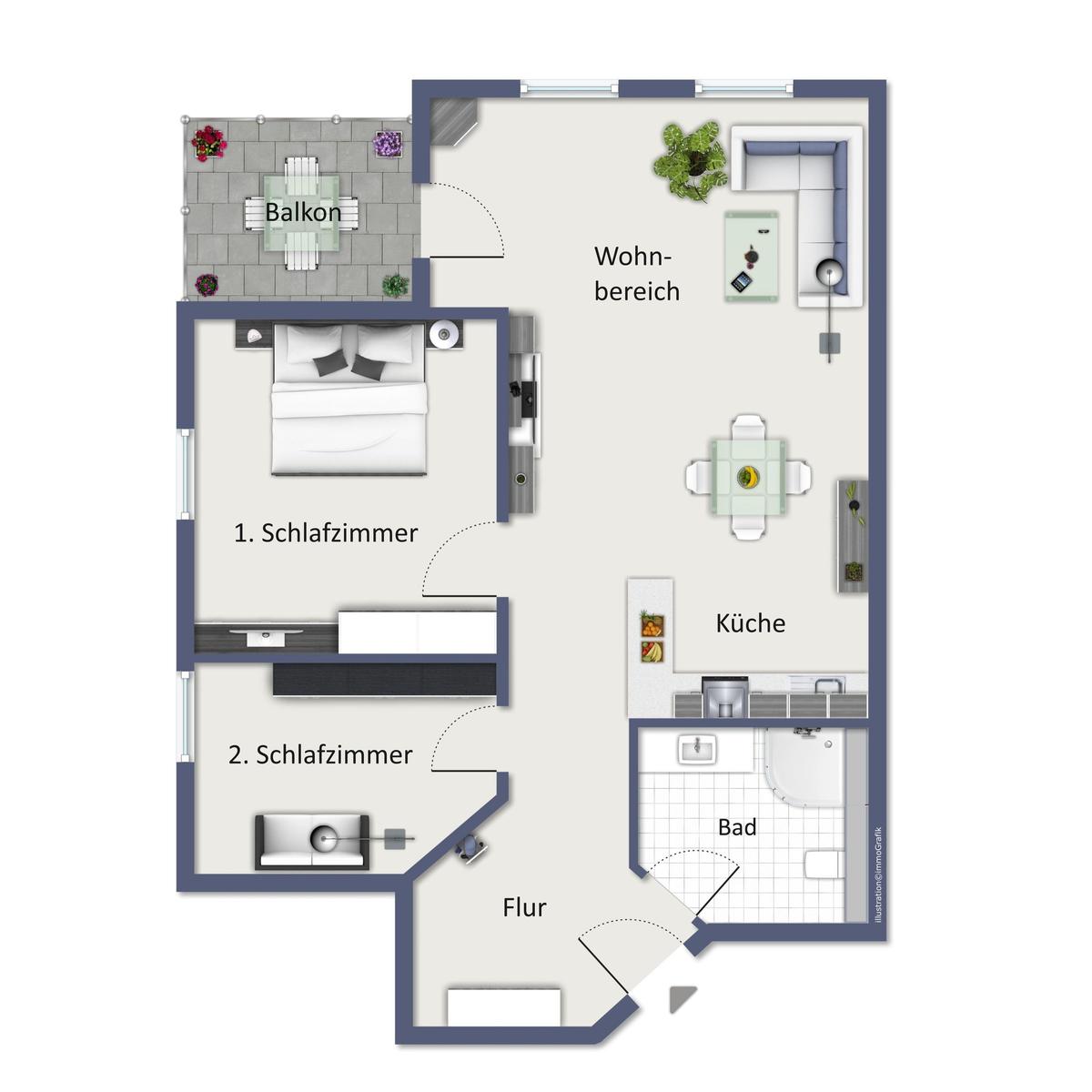 Wohnung mit zwei Schlafzimmern, Wohnbereich, Küche, Bad und Balkon.