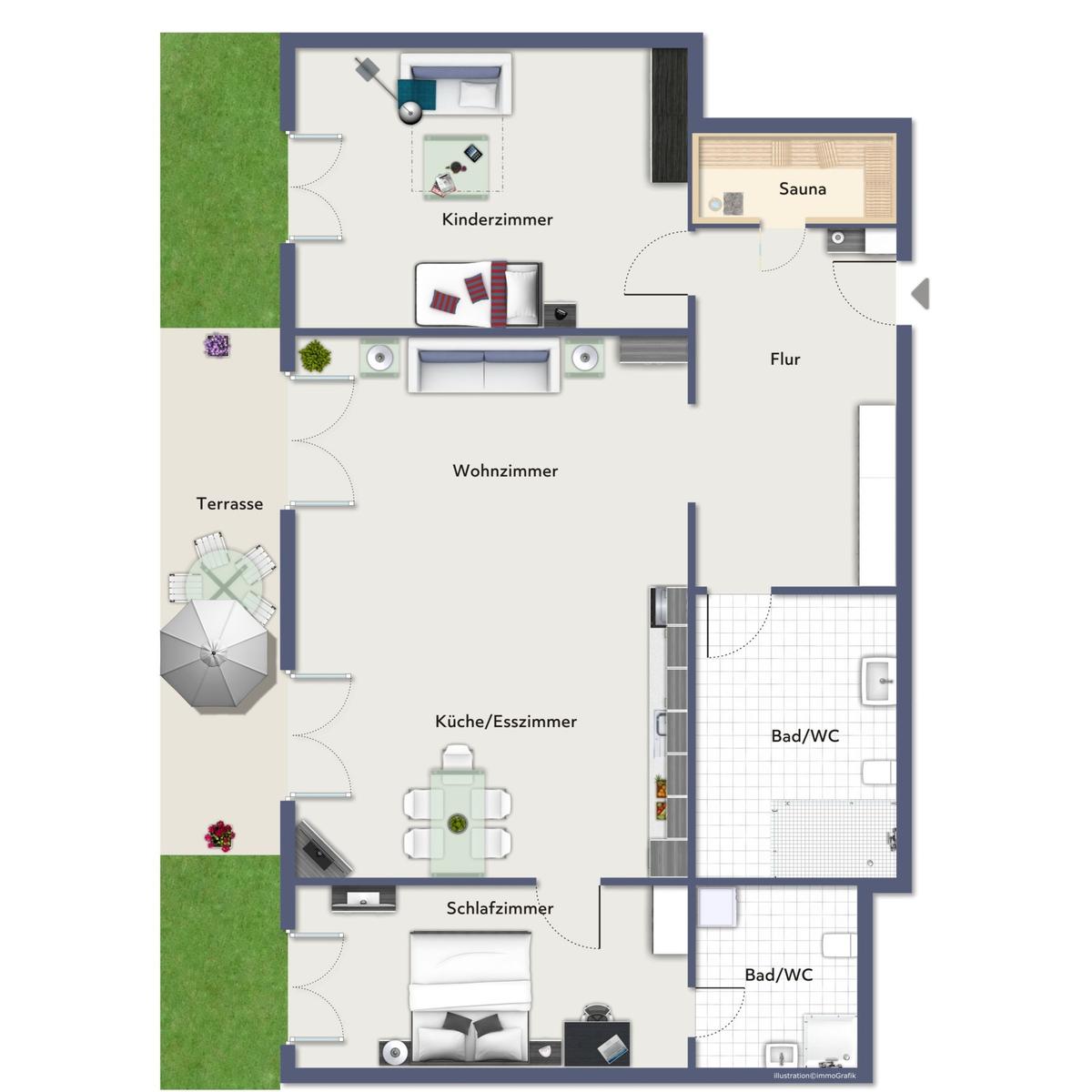 Wohnung mit Sauna, Terrasse und drei Schlafzimmern.