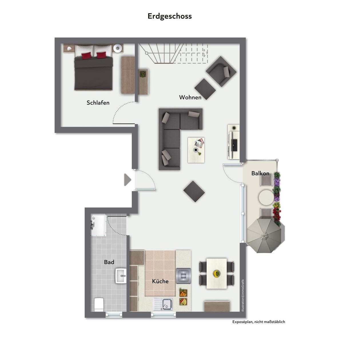 Erdgeschoss mit Schlafzimmer, Wohnzimmer, Küche, Bad und Balkon.