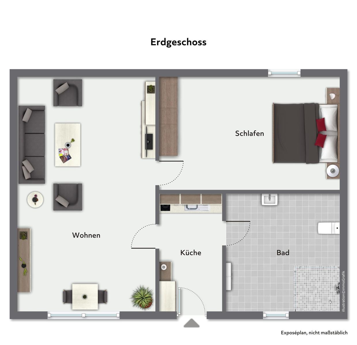 Erdgeschoss mit Wohnen, Küche, Schlafzimmer und Bad. Möbel und Einrichtung sind eingezeichnet.