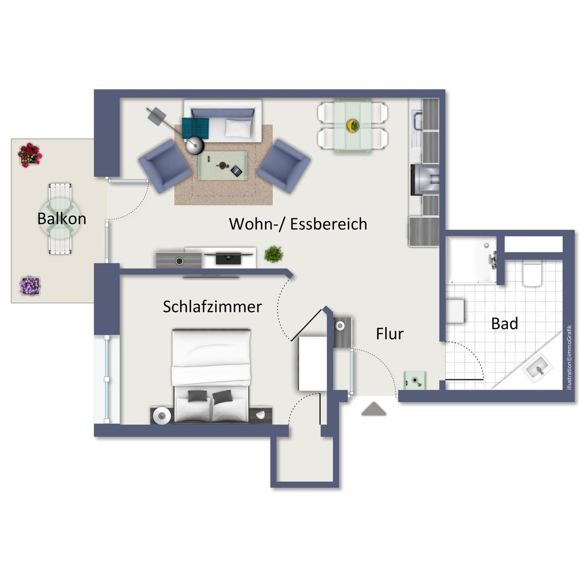 Wohnung mit Schlafzimmer, Bad, Wohn-Essbereich und Balkon.