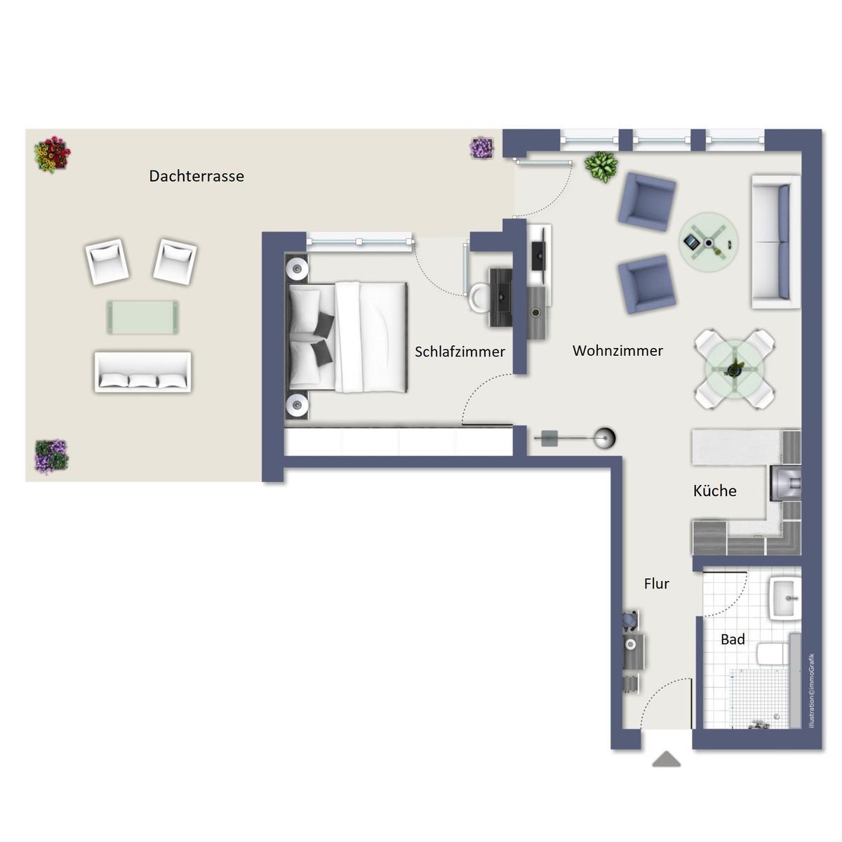 Das Apartment hat ein Schlafzimmer, Wohnzimmer, Küche, Bad und eine Dachterrasse.