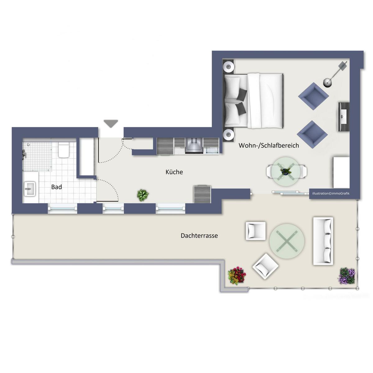 Wohnung mit Schlafbereich, Küche, Bad und Dachterrasse.