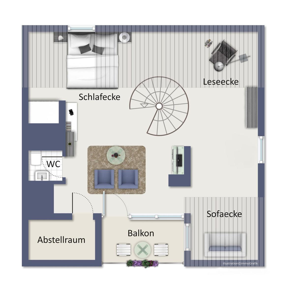Schlafzimmer, Leseecke, Sofa, Balkon und WC im Wohnbereich.