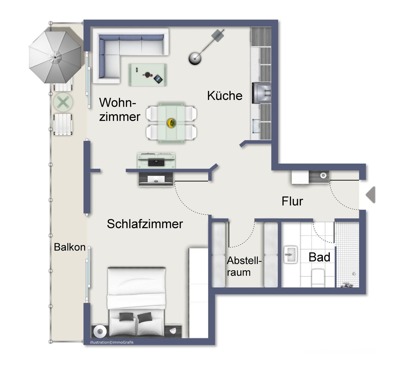 Wohnung mit Wohnzimmer, Küche, Schlafzimmer, Bad und Balkon.