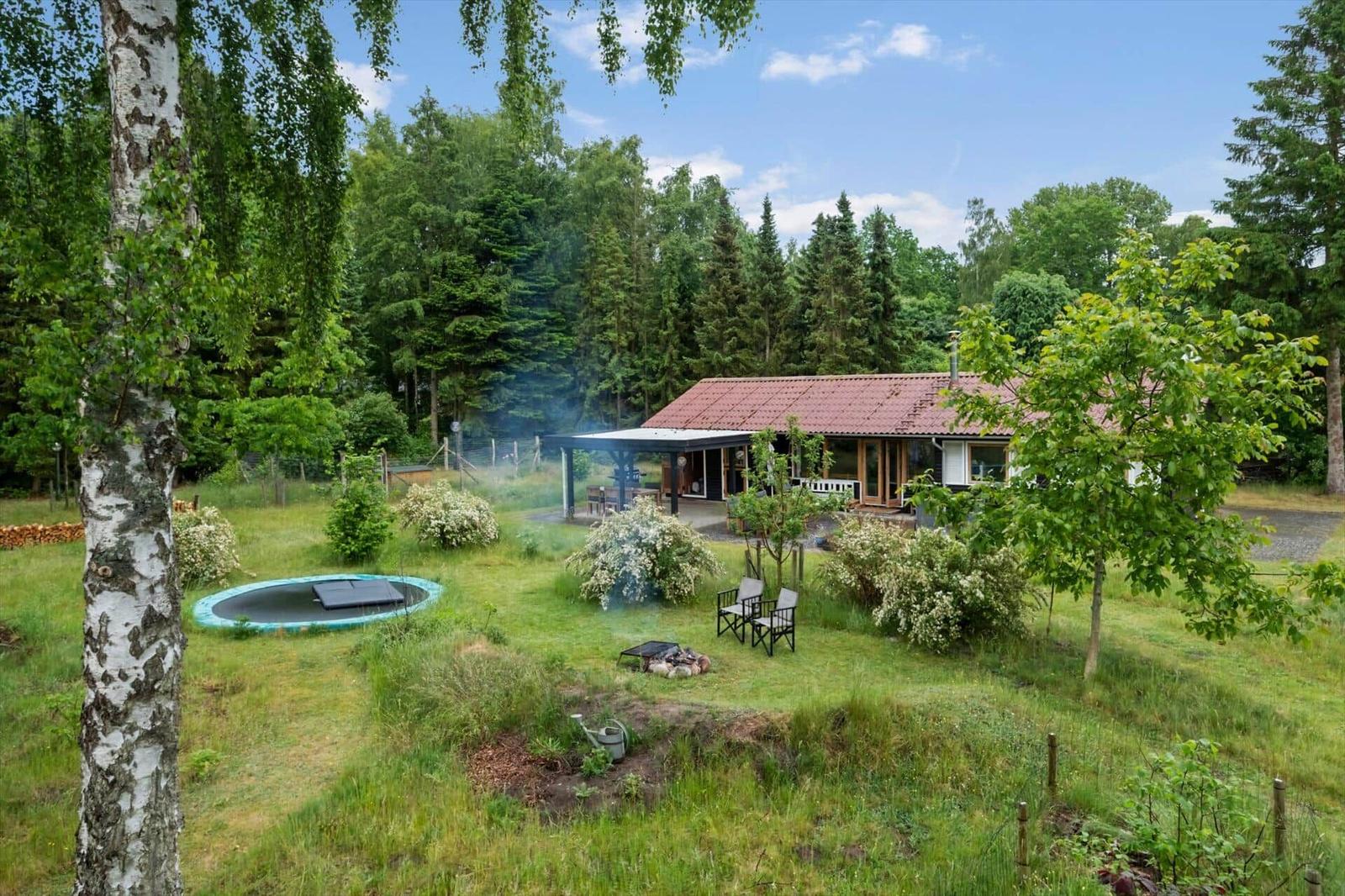 Holzhaus mit Terrasse, Grill und Garten. Umgeben von Wald und Gras.