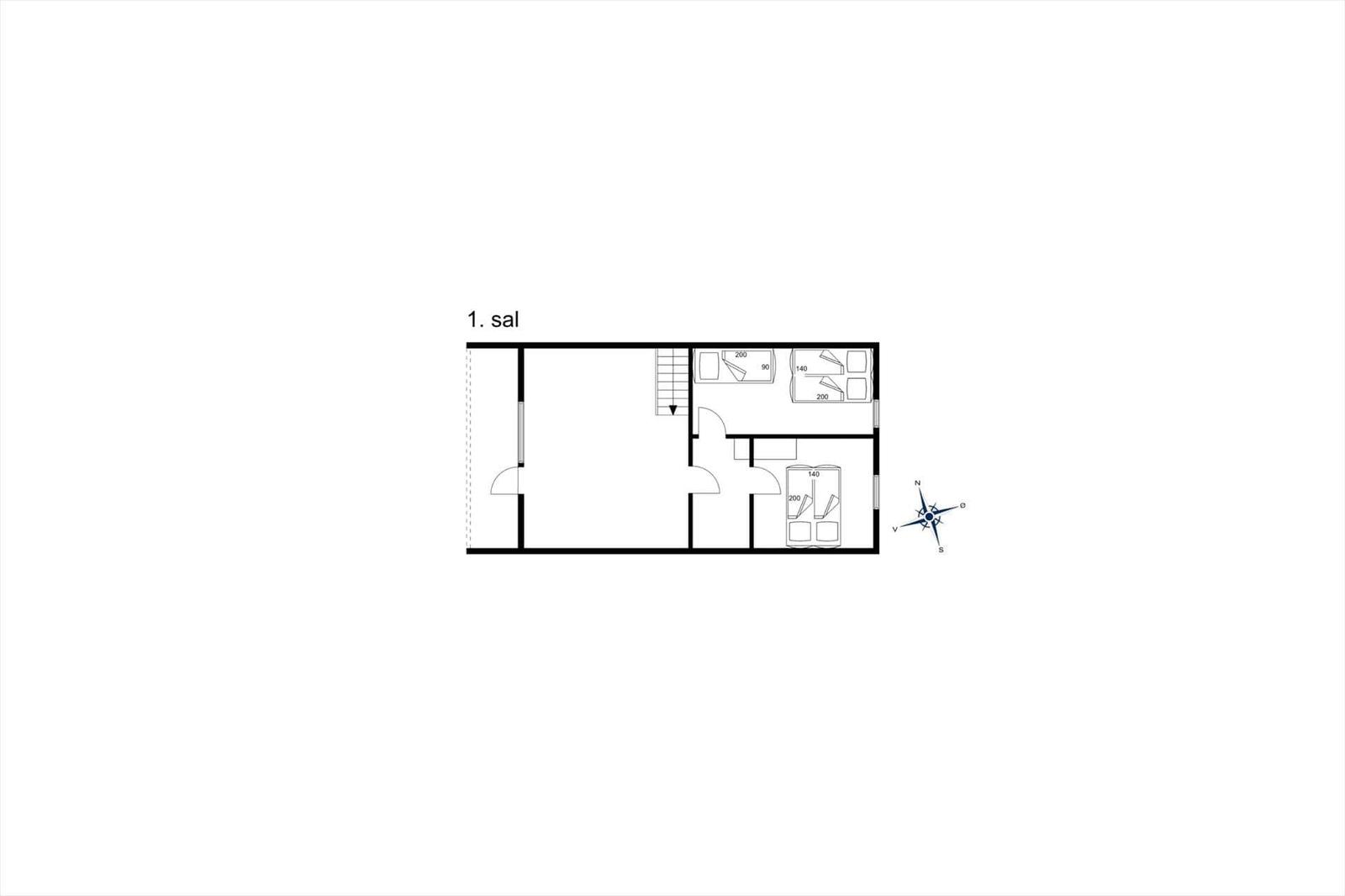 Stueplan zeigt die Räume und die Küche mit Bad und Schlafzimmer.
