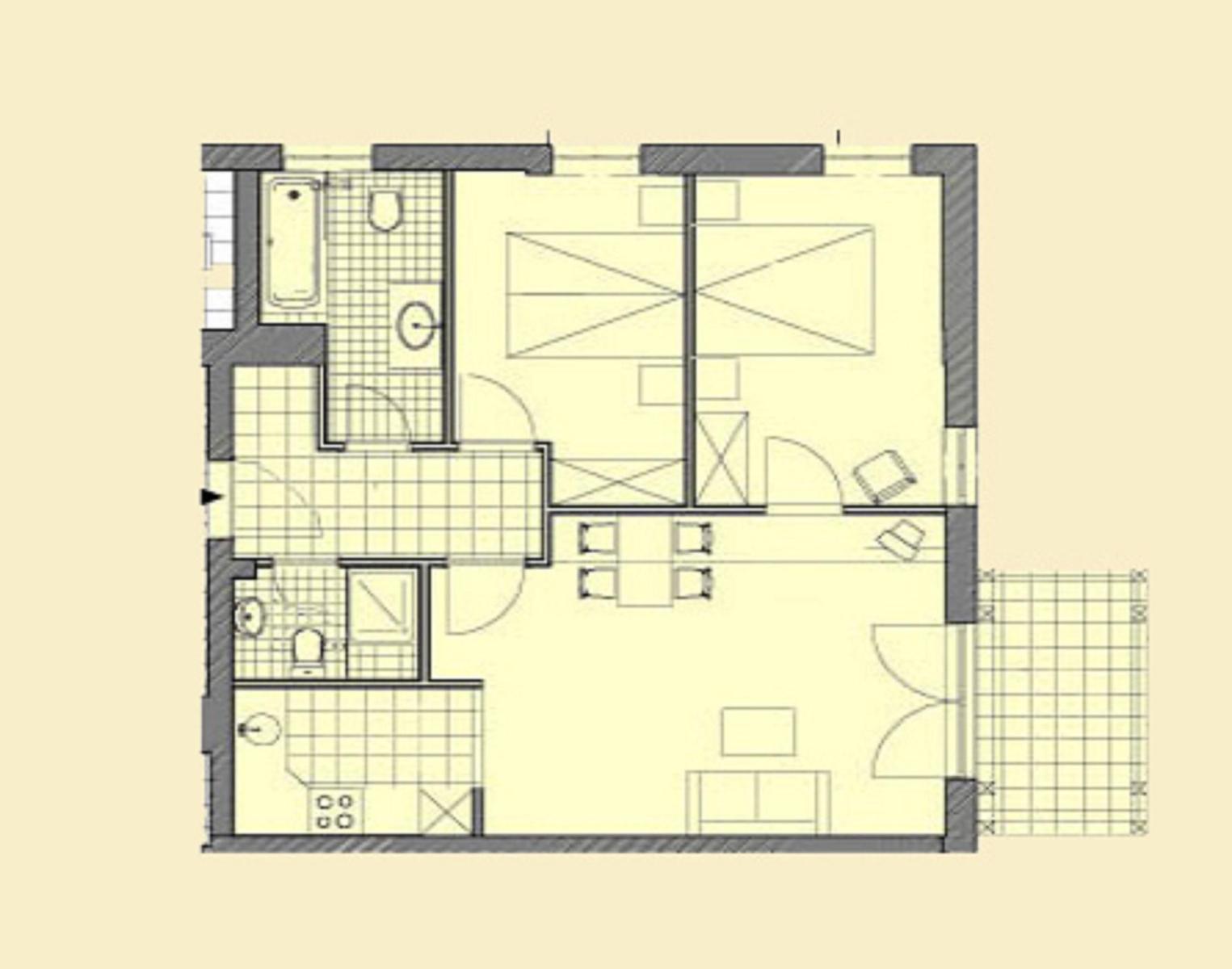 Dieses Haus hat eine Küche, ein Bad, ein Schlafzimmer und einen Wohnbereich.