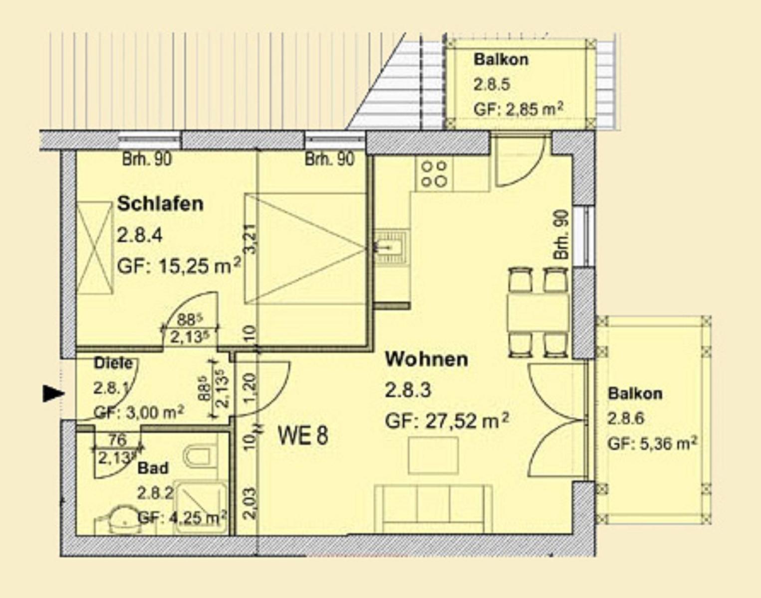 Wohnung mit Schlafzimmer, Wohnbereich, Bad und zwei Balkonen. Flächenangaben inklusive.