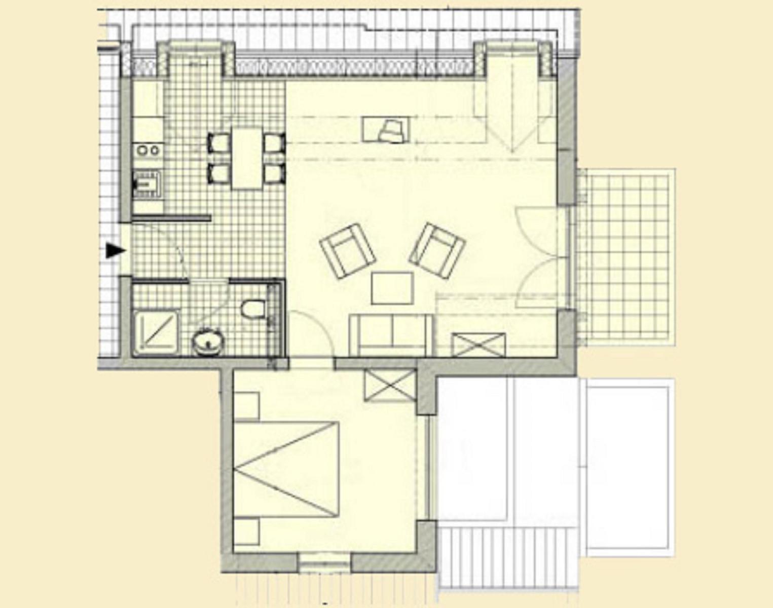 Erdgeschossplan mit Küche, Wohnzimmer, Schlafzimmer und Bad.