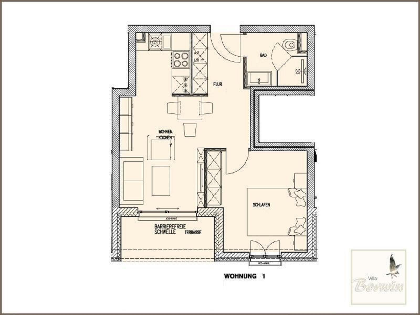 Wohnung mit Schlafzimmer, Küche, Bad und barrierefreier Terrasse.