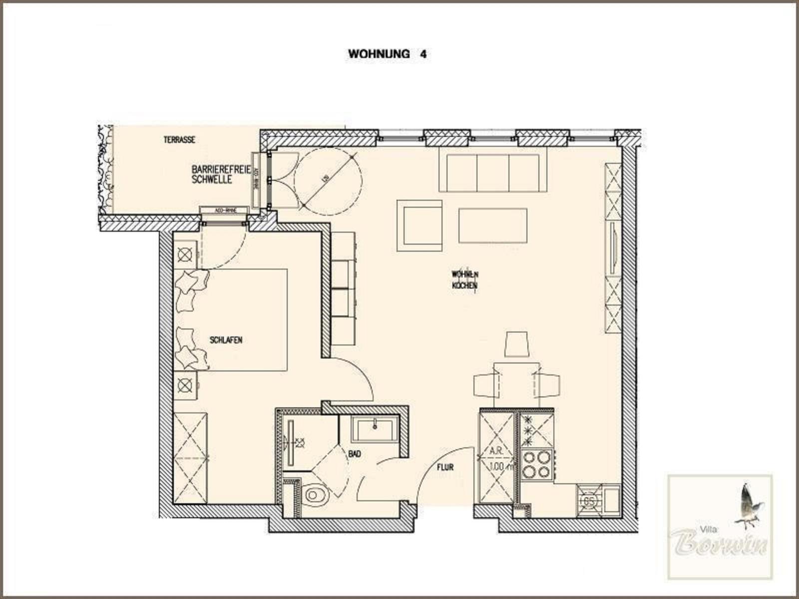 Wohnung 4 mit Schlafzimmer, Bad, Küche und Terrasse mit barrierefreier Schwelle.