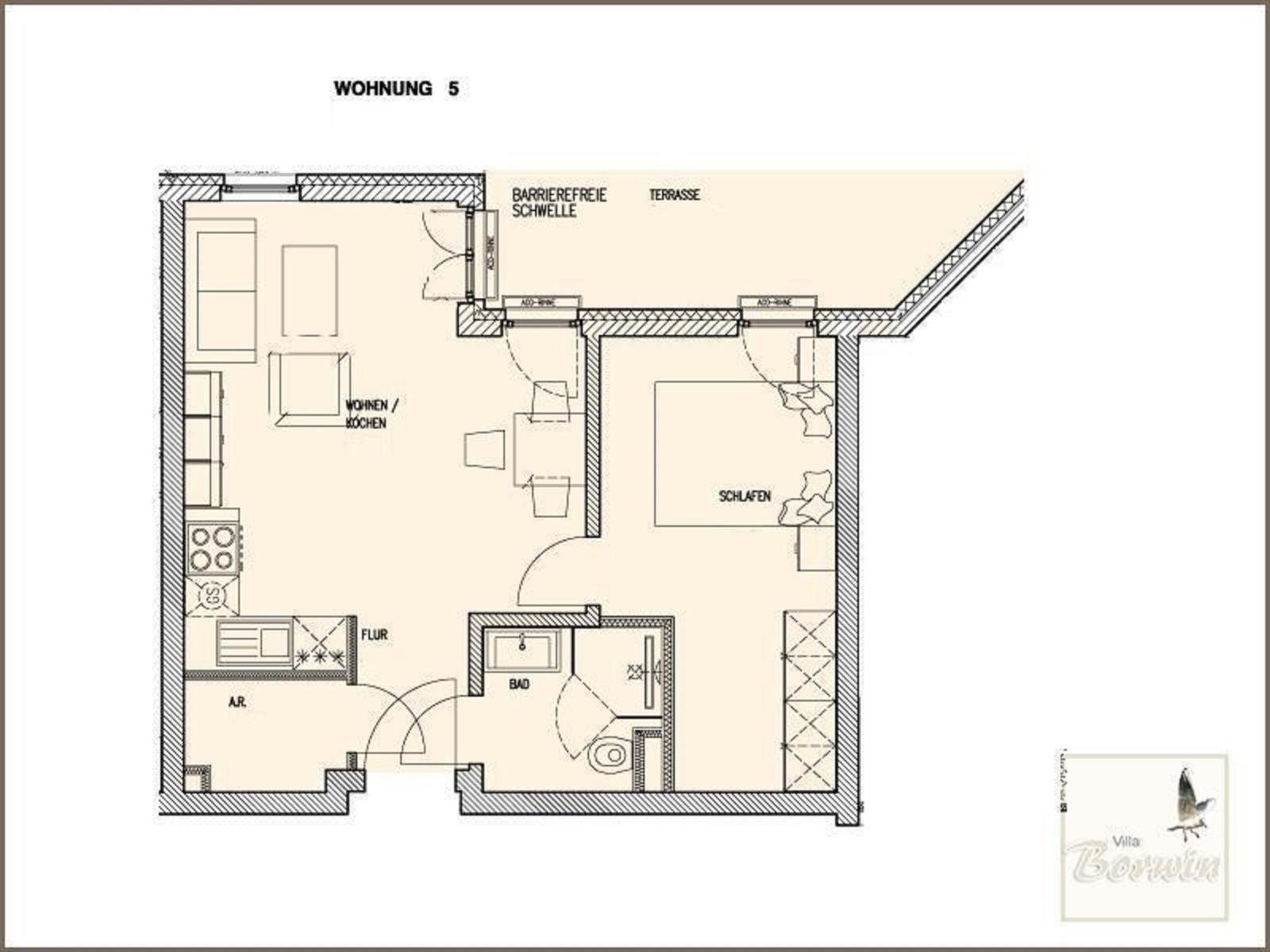 Wohnung 5 mit Wohnküche, Schlafzimmer, Bad und Terrasse mit barrierefreier Schwelle.
