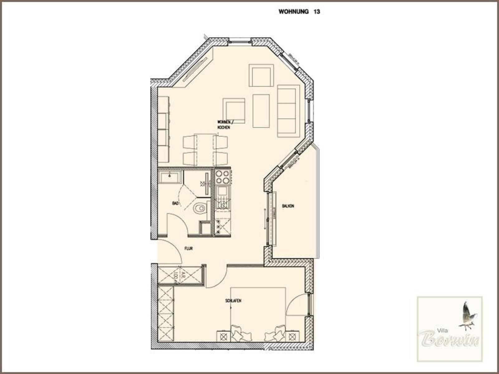 Wohnung 13 mit Küche, Bad, Schlafzimmer und Balkon. Flur und Wohnbereich sind eingezeichnet.
