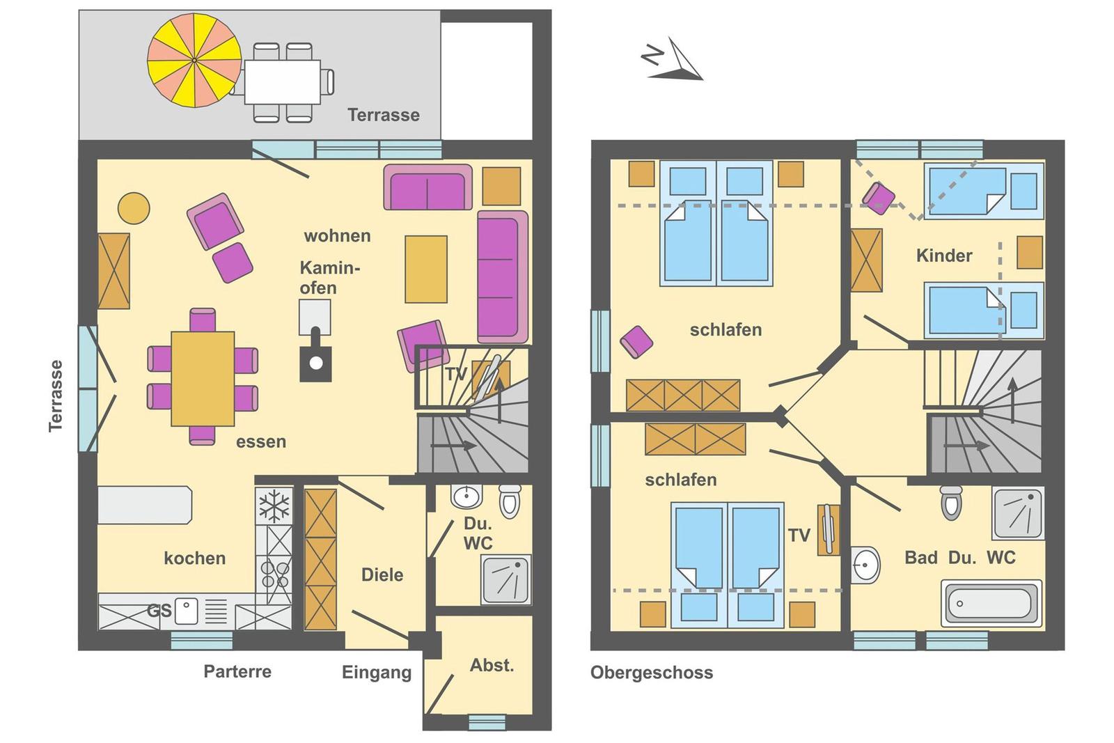 Gesamtübersicht der Ferienwohnung mit Terrasse, Küche, Wohn- und Essbereich sowie Schlaf- und Badezimmer.