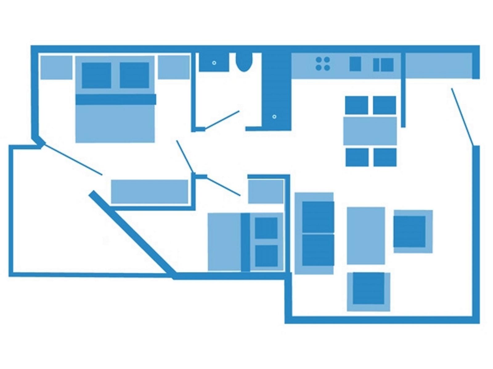 Dies ist eine schematische Übersicht der Wohnung mit Küche, Wohnzimmer und Schlafzimmer.