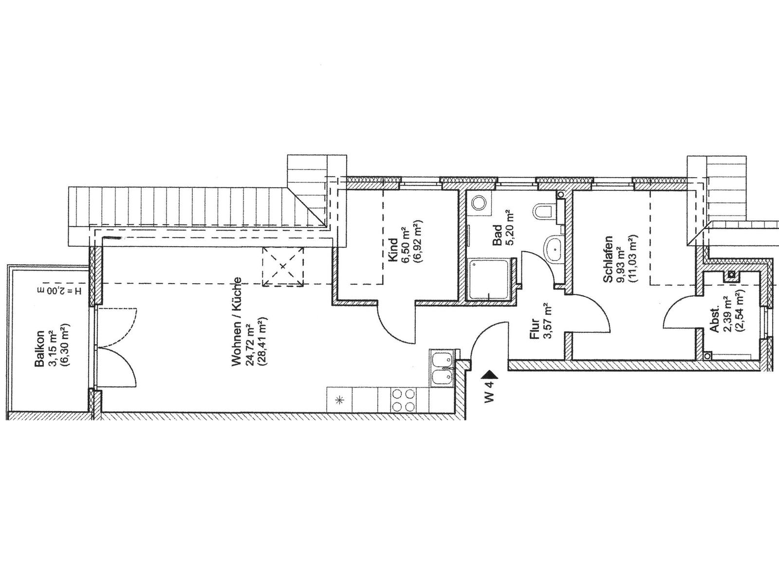 Wohnung mit Wohnbereich, Küche, Schlafzimmer, Bad und Balkon.