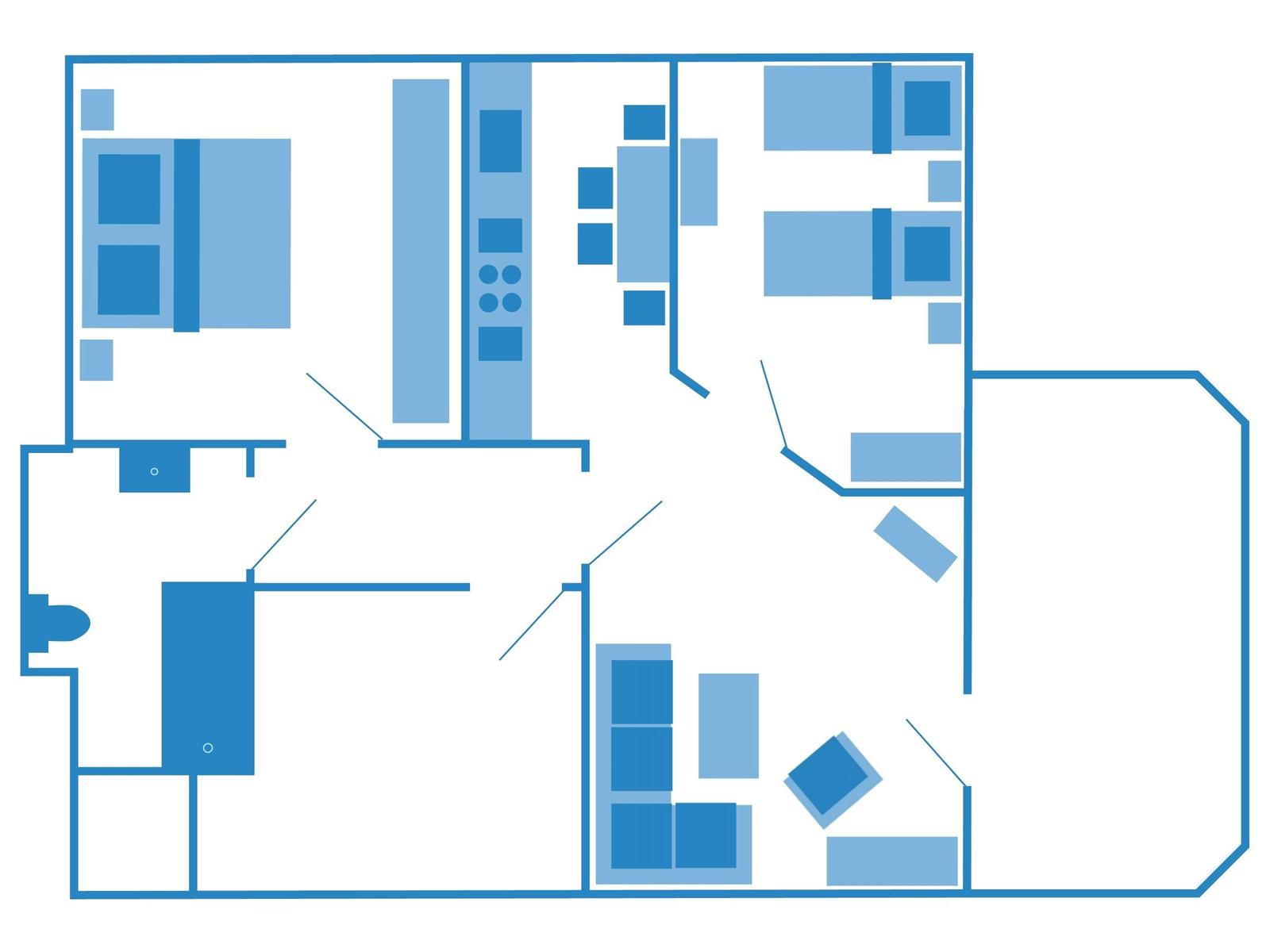 Dies ist eine schematische Darstellung der Wohnung mit Küche, Schlafzimmer und Bad.