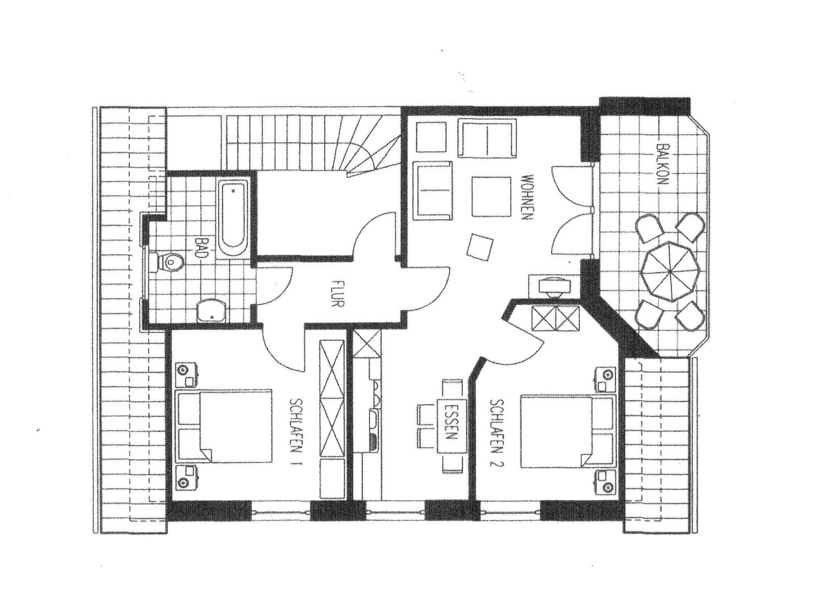 Wohnung mit zwei Schlafzimmern, Wohnbereich, Bad und Balkon. Flur und Essbereich vorhanden.