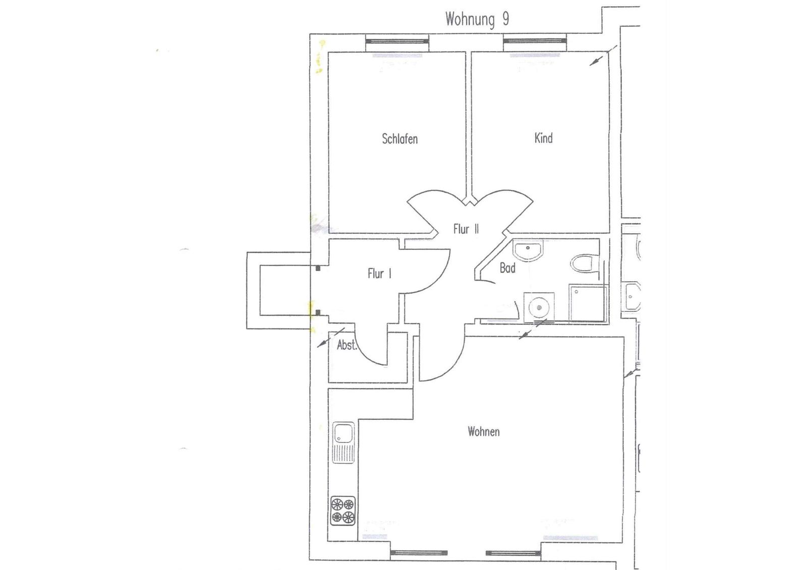 Wohnung 9 mit Schlafzimmer, Kinderzimmer, Bad, Wohnbereich und Küche.