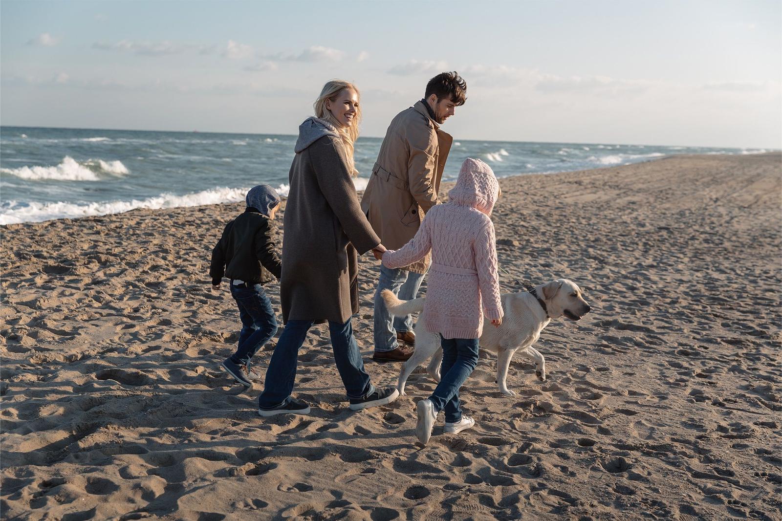 Strand mit sanften Wellen und Dünen mit Bäumen am Horizont.