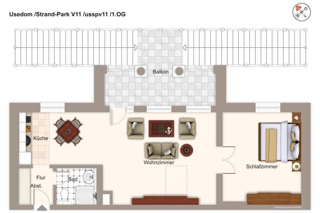 Wohnung mit Küche, Wohnzimmer, Schlafzimmer und Bad. Balkon mit Sicht auf Strandpark.