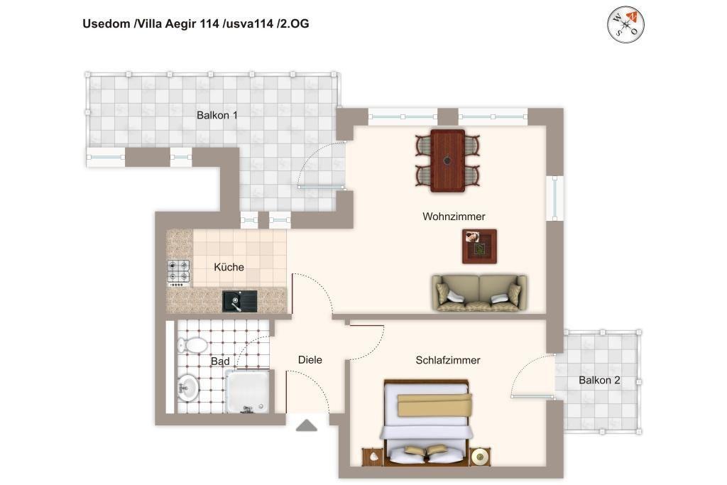 Villa mit Wohnzimmer, Schlafzimmer, Küche und zwei Balkonen. Bad und Diele sind ebenfalls vorhanden.