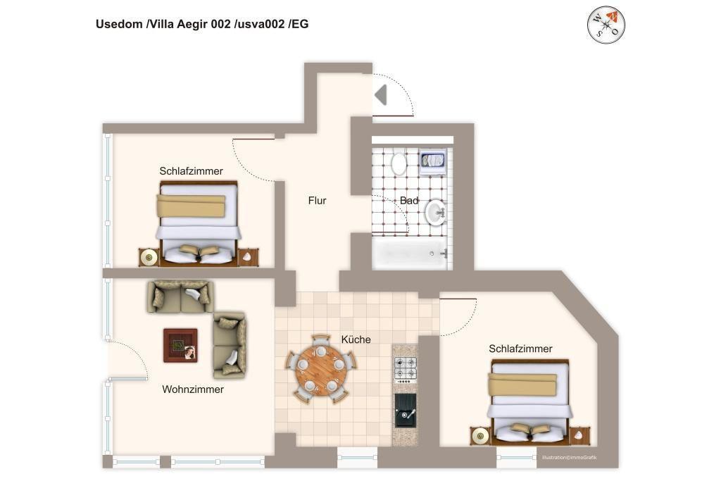 Zwei Schlafzimmer, Wohnzimmer, Küche und Bad im Erdgeschoss.