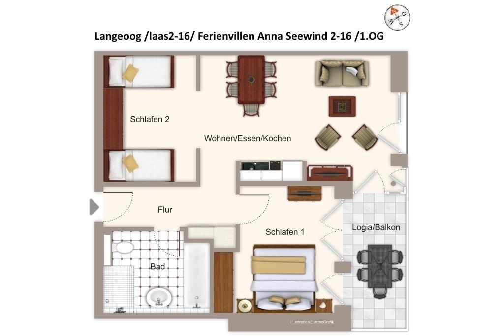 Apartment with two bedrooms, kitchen, bathroom, and balcony. Living area with dining space.